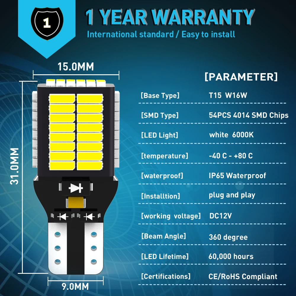 Фонари заднего хода светодиодные W16W T15 6000K 54SMD CANBUS без ошибок 12 В | Автомобили и