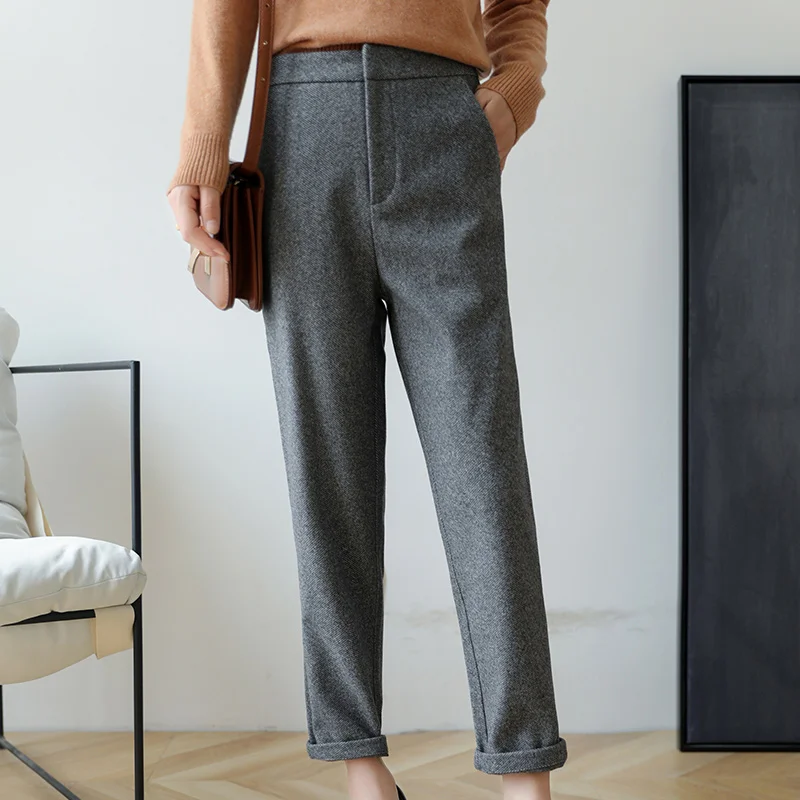 Cashmere wool pants autumn and winter women's high-waist straight nine-point suit pants loose casual harem pants foot pants