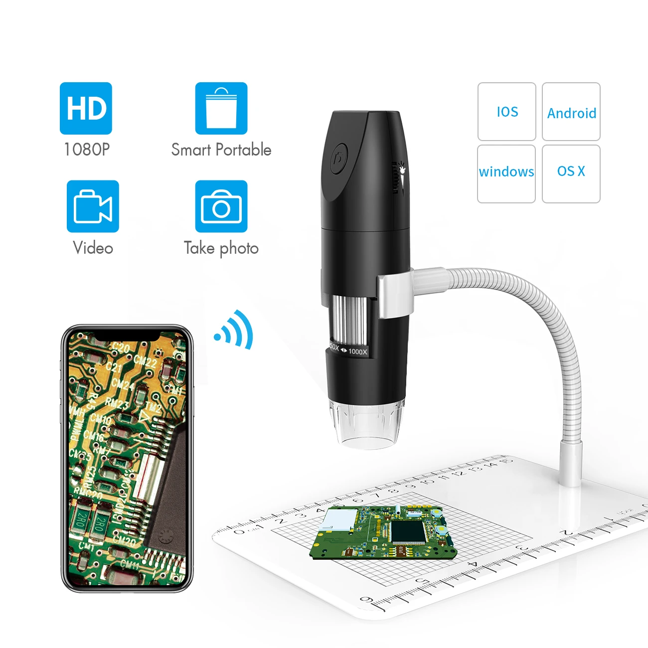 

Wireless Digital Microscope USB 50X-1000X 2MP 1080P Handheld Portable Flexible Microscope Camera with 8 LED Lights Compatible