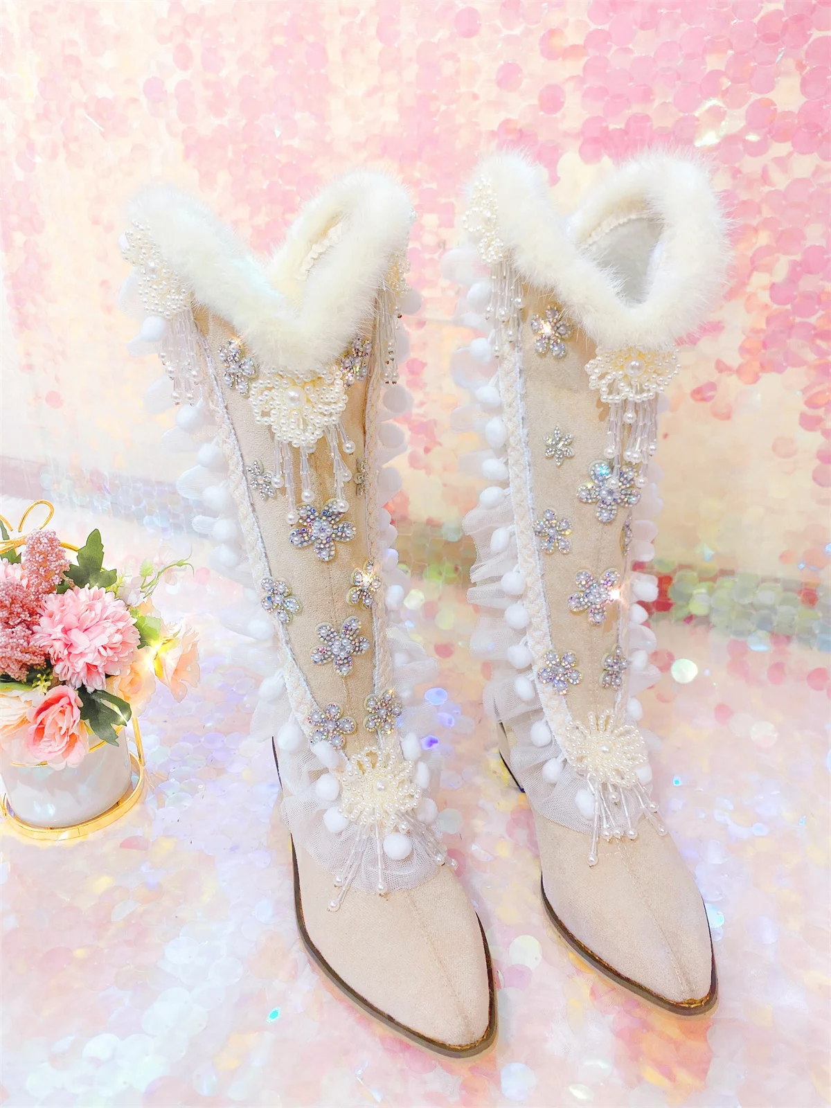 

Womens Pointed Toe Knee Thigh High Boots Rhinestones Pearls Chunky Heel Shoes Princess Lolita DIY Sweet Girls X-mas Gift