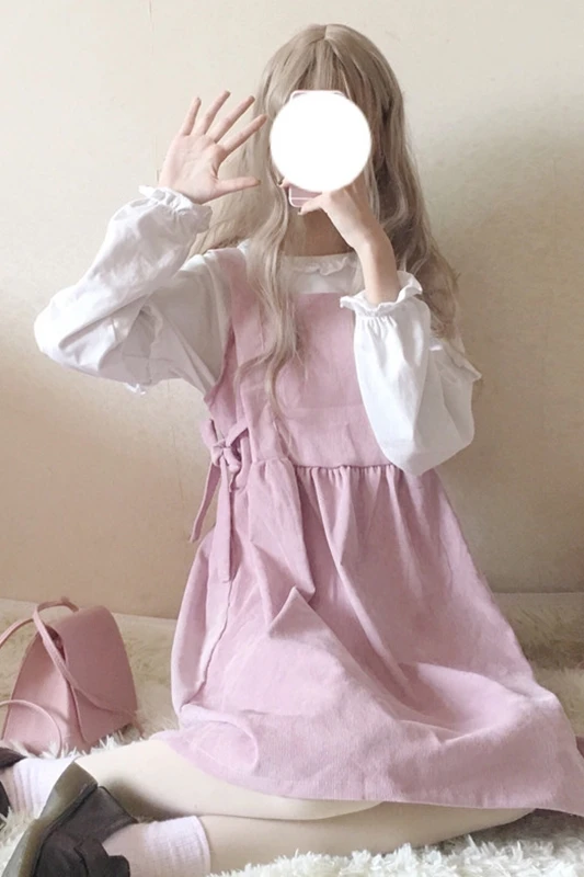 

Japanese Autumn Lace-up Bow Square Collar Sleeveless Corduroy Sweet Dress for Women kawaii clothing sweet lolita dress