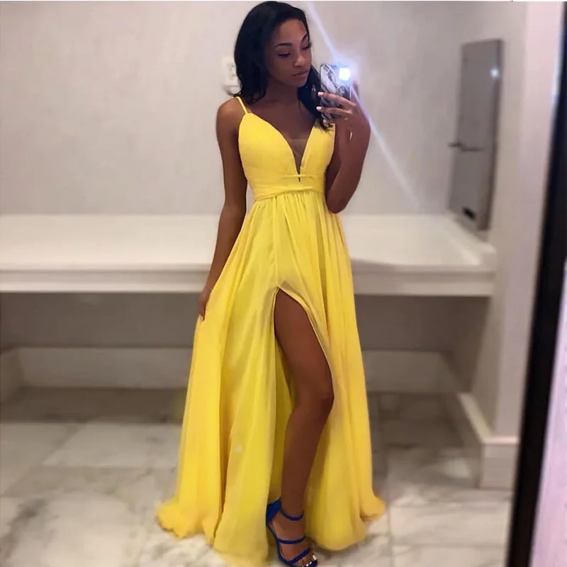 

Robe De Soiree Long Evening Dress V-neck Spaghetti Straps Simple Sexy Yellow Chiffon Split Formal Party Dress Prom Dress