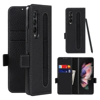 leather wallet pen slot case for samsung galaxy z fold 3 cover card slots leather flip stand s pen holder case for z fold3 5g