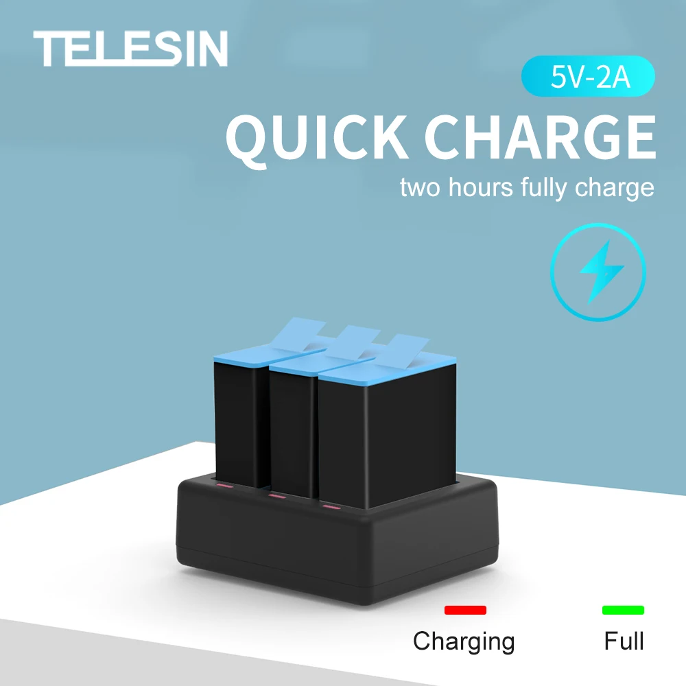 telesin 3 slots battery charger with led light charging box for gopro hero 9 10 black action camera battery accessories free global shipping