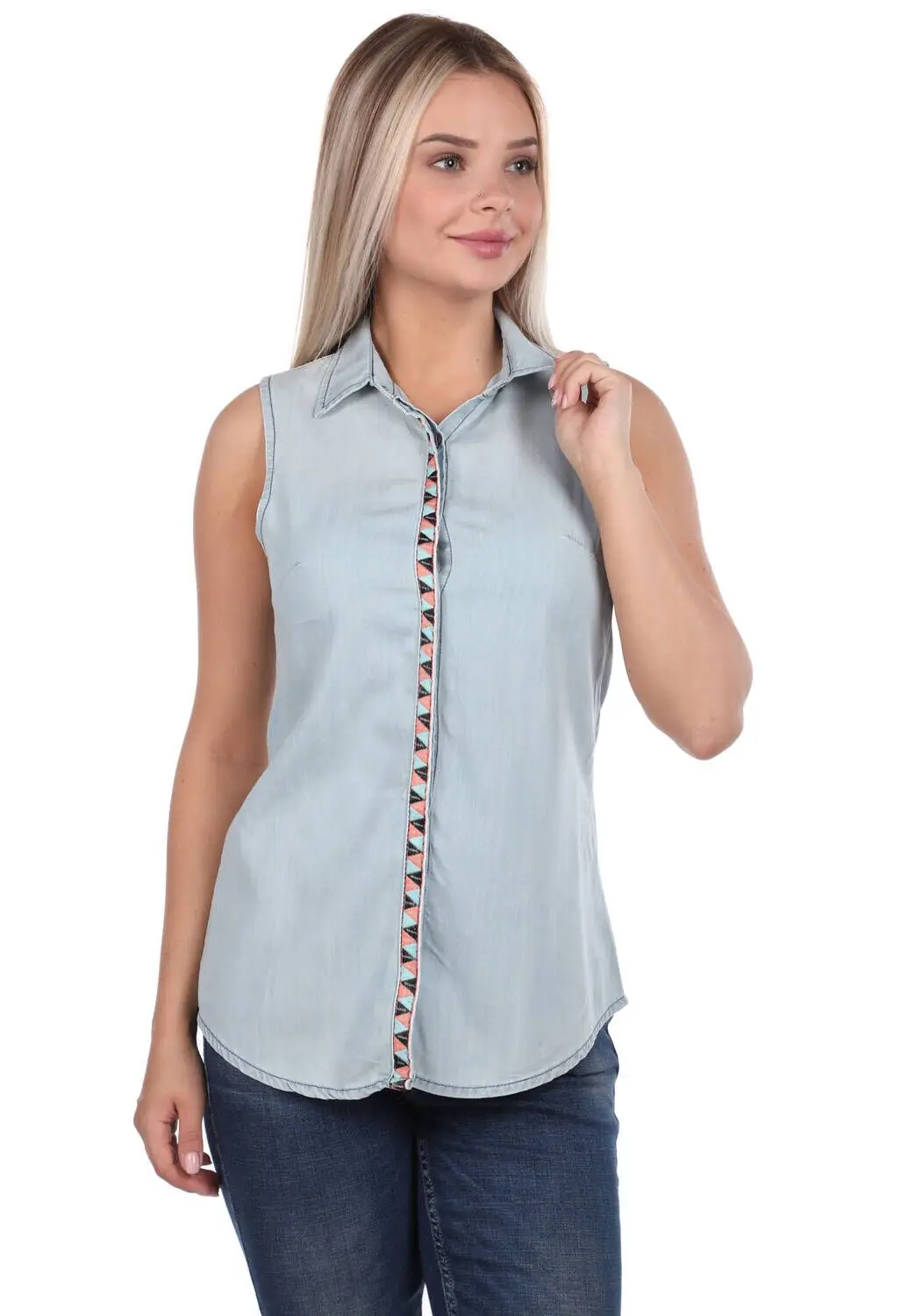 

Blue White Womens Sleeveless Jean Shirt