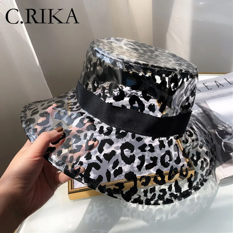 

Summer PVC Plastic Bucket Hats for Women Girls Black Leopard Print Large Wide Brim Waterproof Fisherman Hat Sun Visor Panama
