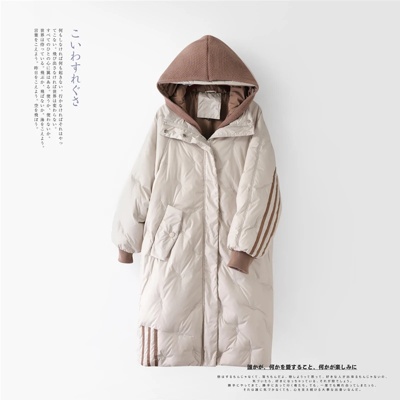 White duck down jacket women's medium and long coat new Korean thickened jacket knitted hooded splicing winter coat