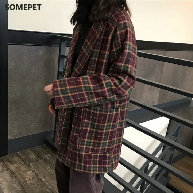 

Korea loose plaid jacket female autumn new ins Harajuku vintage chic long-sleeved button casual women's fashion jacket