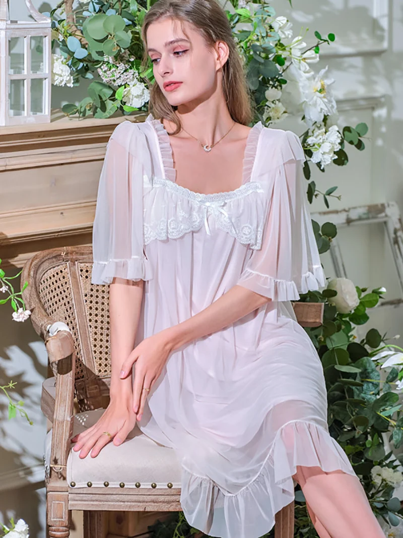 

Short Sleeve Japan Korean Lolita Princess Dress for Women Mesh Patchwork Loose Backless Nightgowns Vintage Sleepwear Nightdress