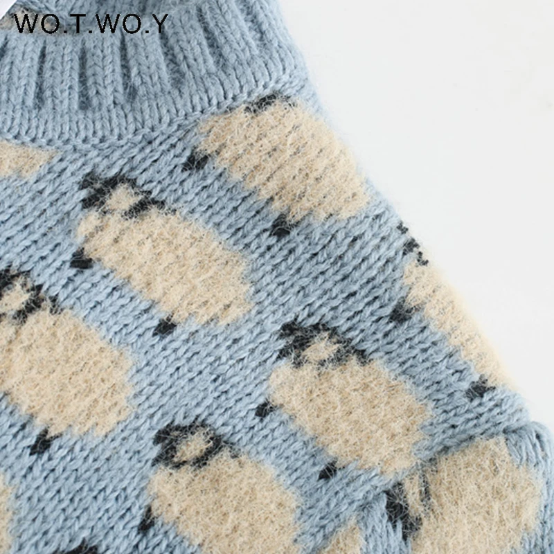 

WOTWOY Autumn Winter Knitted Printed Sweater Women Casual Long Sleeve Slim Fit Pullovers Female O-Neck Chic Soft Knit Tops 2021