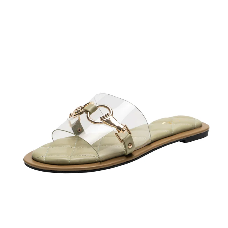 

2021 Summer Women's Fashion Sandals Metal Chain Women's Slippers One Line Transparent Flat Bottom Sandals PVC Upper Material