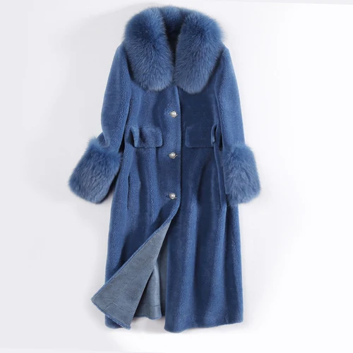 Blue Tcyeek/женское пальто из натурального меха лисы, шерстяная куртка с воротником, женская одежда, корейские винтажные длинные шубы из овечьей шерсти LL916 - Цвет: Blue