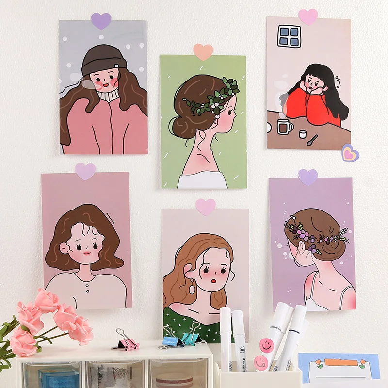 Cute Korean Girl Illustration Card Card Painting Simplicity Photo Props Diy Creative Background Wall Decoration Postcard