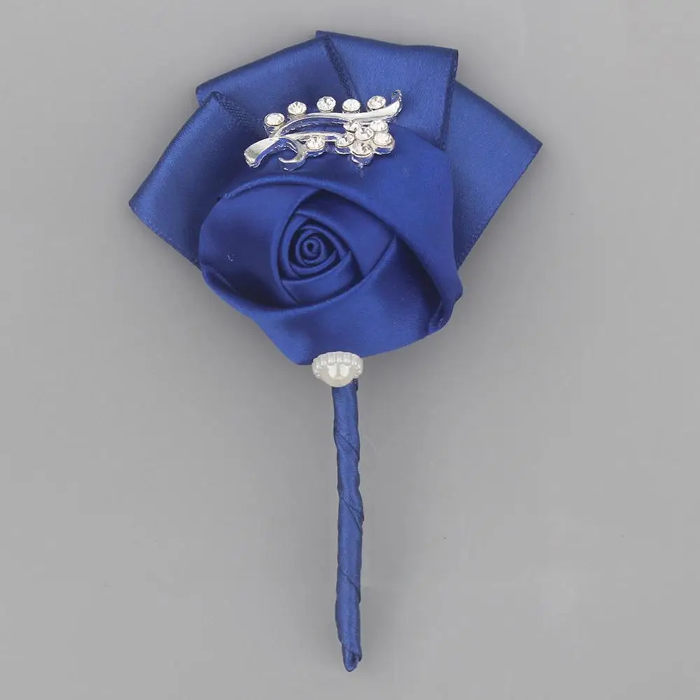 royal blue Свадебная бутоньерка для жениха винная Роза из красного атласа цветы корсаж de mariage Пром Брошь с кристаллами цветы de novia XH1300-2 - Цвет: royal blue