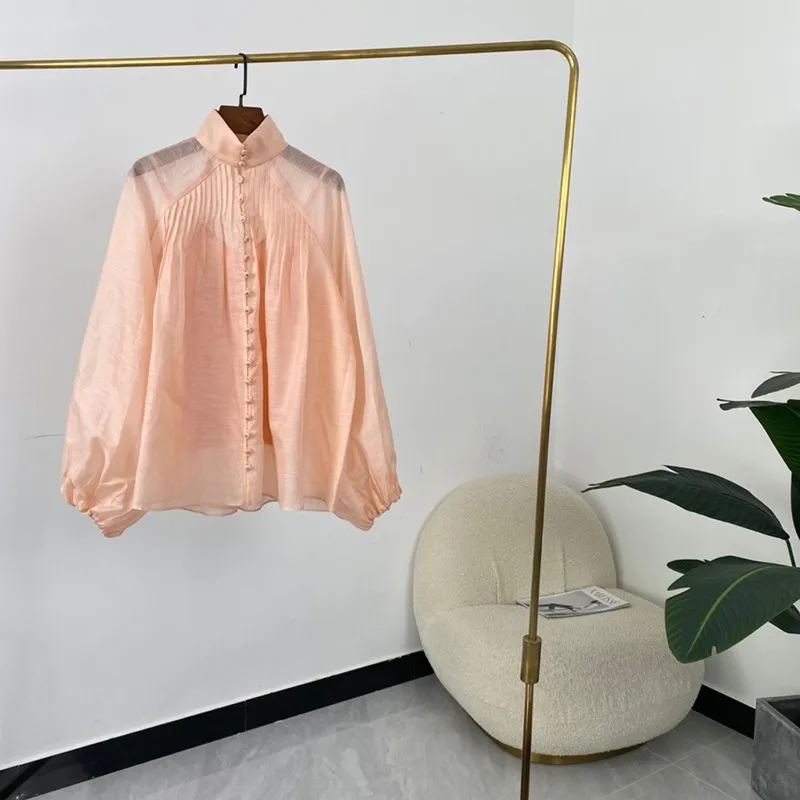 

2021 Autumn New Arrival High Street Solid Pink Pleat Lantern Sleeve Blouses Silk Linen Loose Style Womens Tops Hight Quality