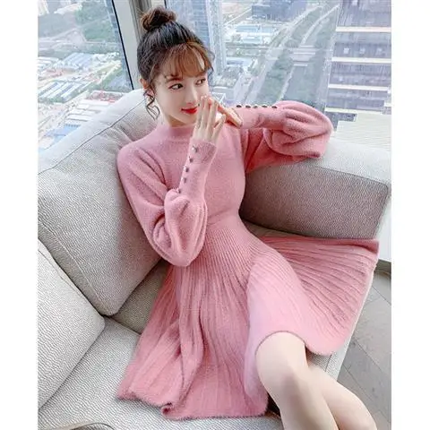 

2021 Woman Slim Solid Knitted Mini Dress Female Elegant Full Sleeve O-Neck Vestidos Ladies Knitting Sweater Dress Clothes H791