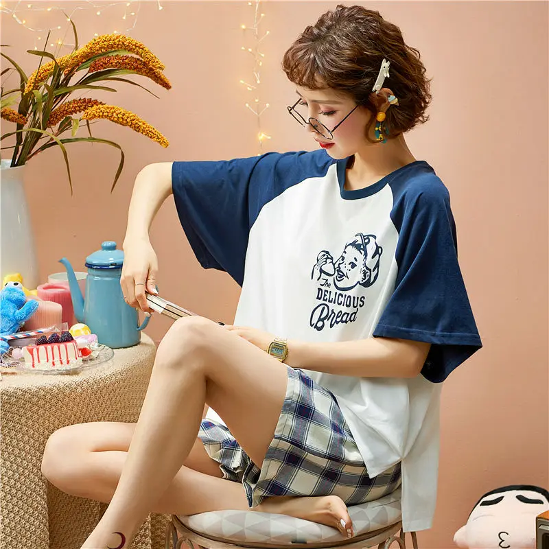Pajamas Female Summer Cotton Short-sleeved Shorts Summer Korean Version of The Student Thin Section Cute Fresh Home Wear TwoSets