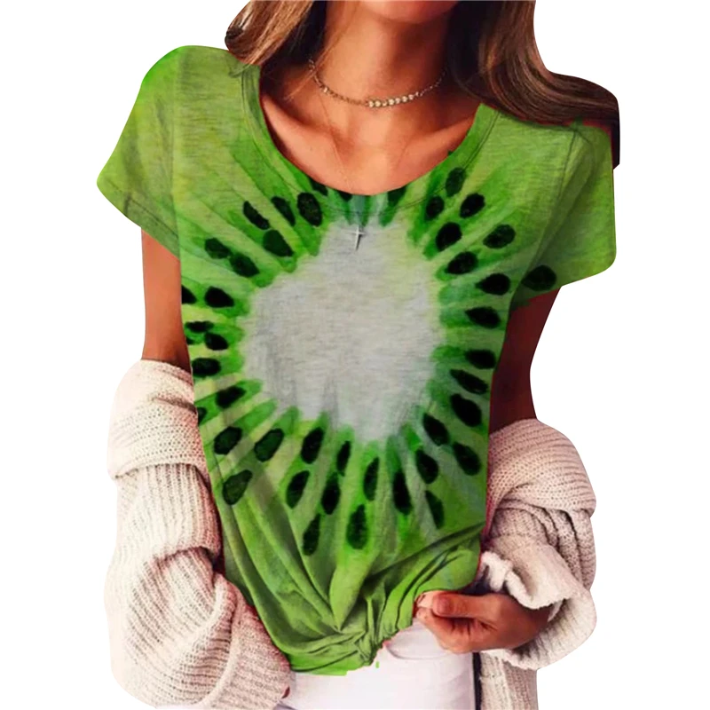 

Fashion Fruit Tie-Dye T-shirts Funny Loose Women O-Neck Print Basic Pullover Tops Casual Harajuku Plus Size Tee Shirt Streetwear
