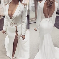thigh high split mermaid formal evening dress with long train sexy deep v neck backless white special occasion gown bead pearls