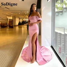 SoDigne – robe de soirée en Satin extensible rose pêche, tenue de bal à paillettes brillantes, épaules dénudées, fendue, style sirène  (1)