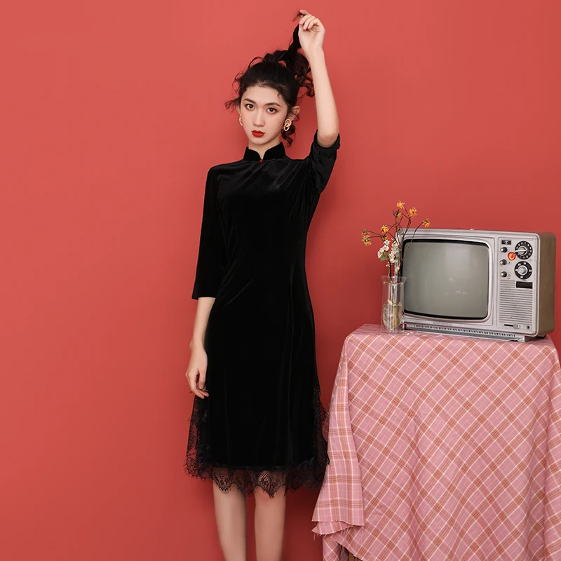 Осенне зимнее платье Ципао для девочек SWEETXUE золотистые бархатные кружевные