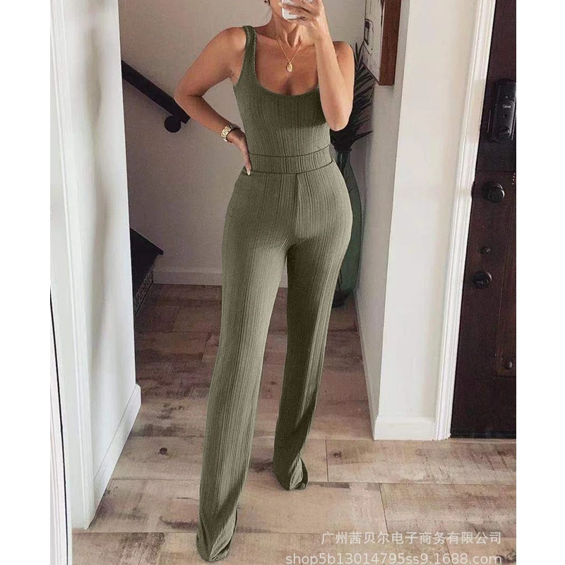 

WEPBEL Jumpsuits Women's Solid Color Slim-Fit Patchwork Jumpsuits Summer High Waist O-Neck Spaghetti Strap Straight Jumpsuits