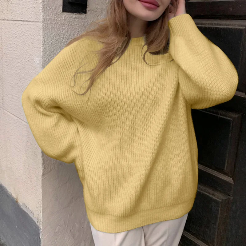 Свитер женский вязаный с круглым вырезом длинным рукавом | Женская одежда