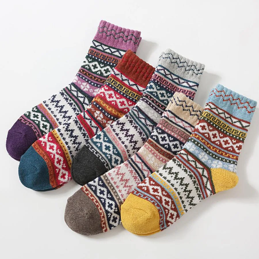 5 Pairs Winter Warm Women's Thicken Socks Thermal Wool Cashmere Snow Socks Girl Colorful National Cotton Socks Casual Harajuku
