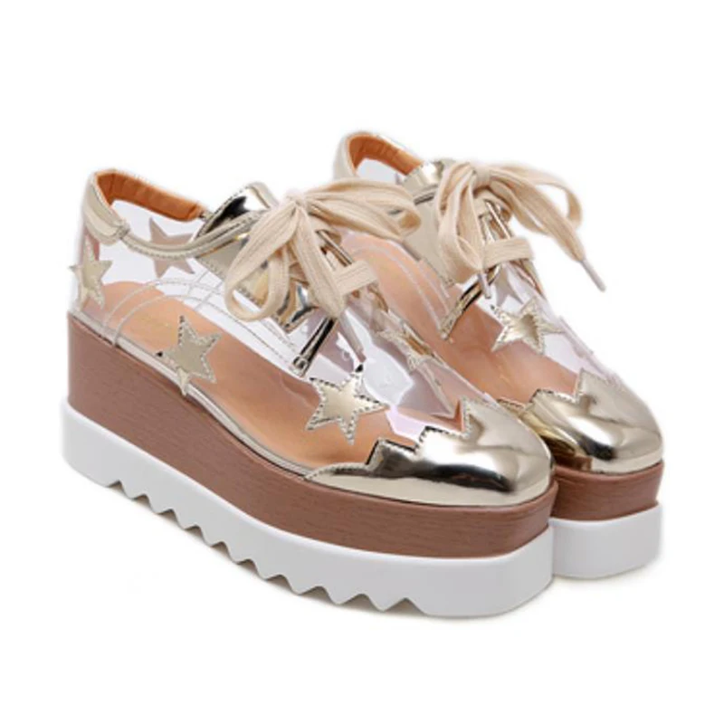 NIUFUNI/английская Прозрачная женская обувь на танкетке со шнуровкой из ПВХ