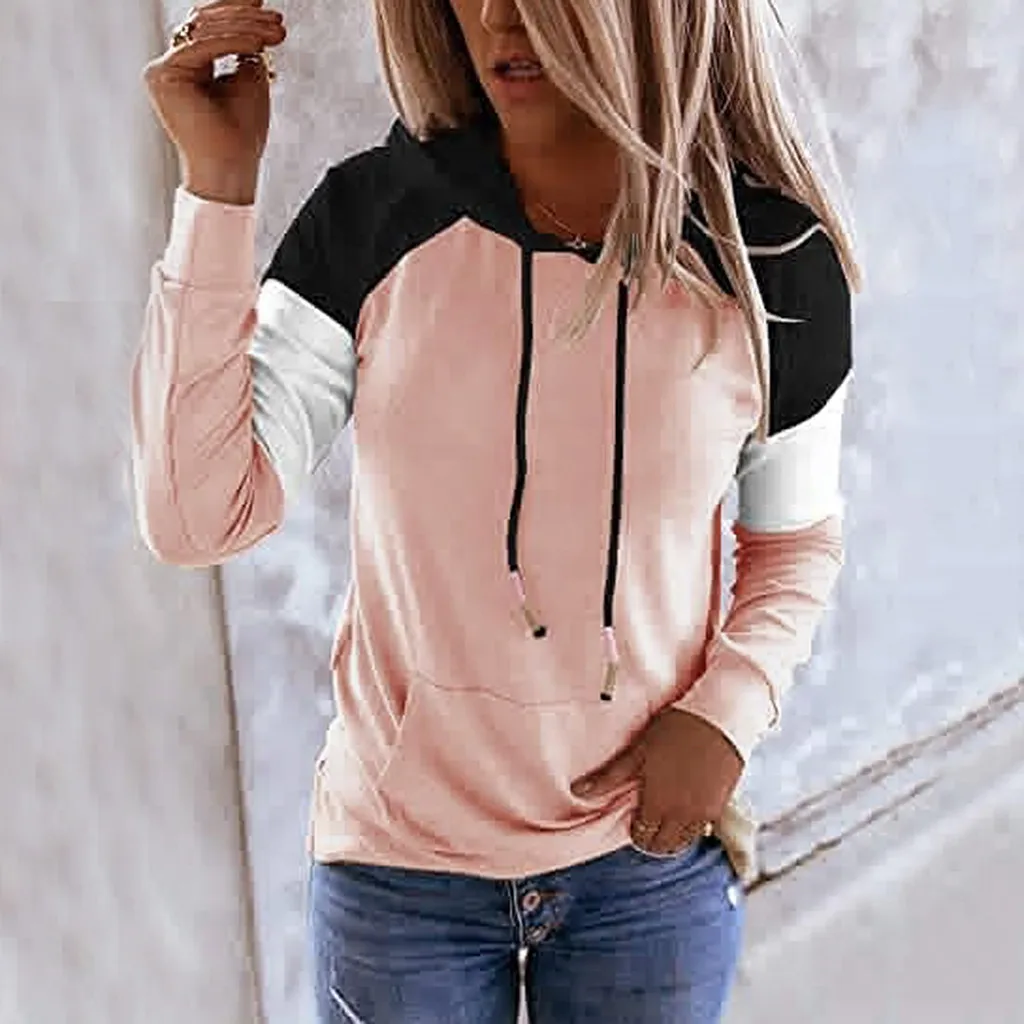 

FREE OSTRICH Autumn Pullover Tops Women Loose Patchwork Hoodies Pullover Casual Long Sleeve Sweatshirts Tops Sweatshirts Winter