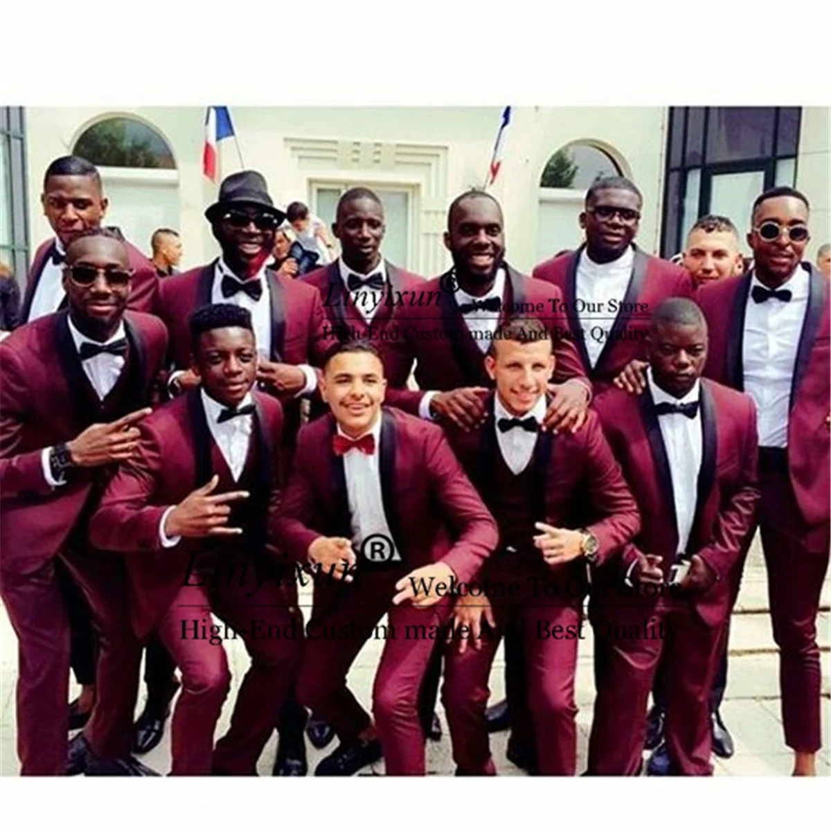 

Fashion Burgundy Mens Wedding Suits Slim Fit Groom Tuxedos 2 Pieces Groomsmen Prom Party Blazer With Pants Set Costume Homme