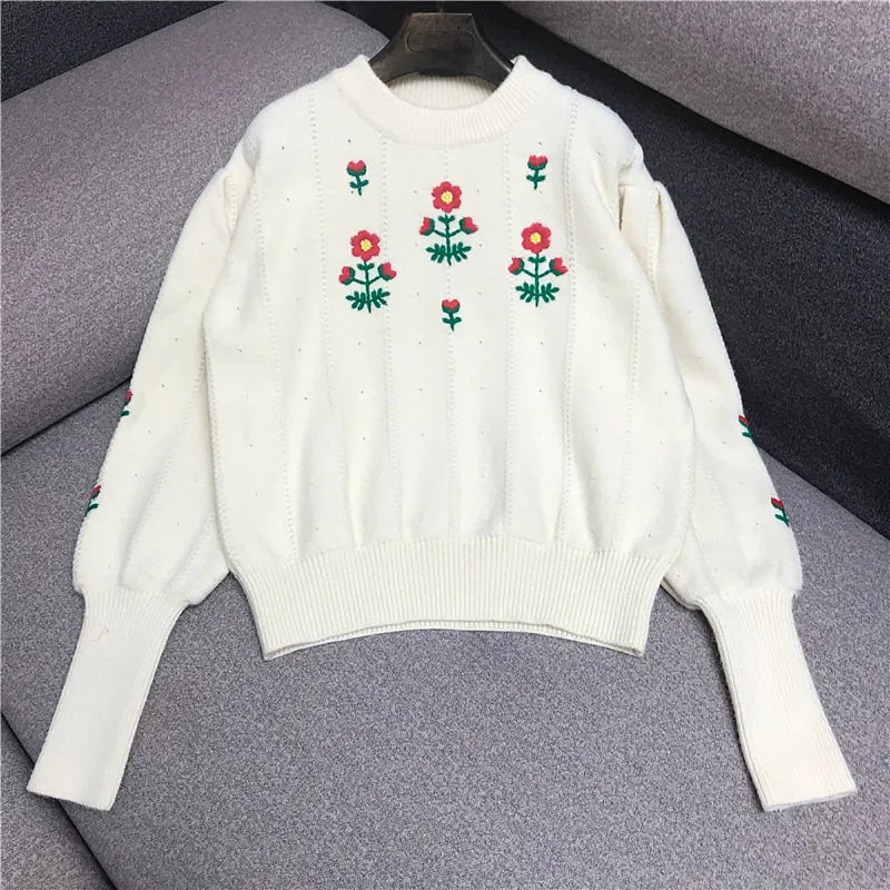 

Autumn Winter Knitted Pullovers For Women Vintage O Neck Crochet Embroidered Flowers Lantern Sleeve Loose Jumper Sweaters Female