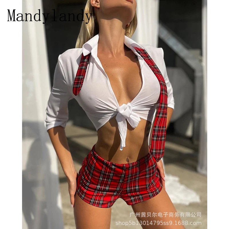 

Женская школьная одежда Mandylandy, нарядное платье, костюм, Униформа, клетчатая юбка, нижнее белье, Сетчатое нижнее белье, Соблазнительный компл...