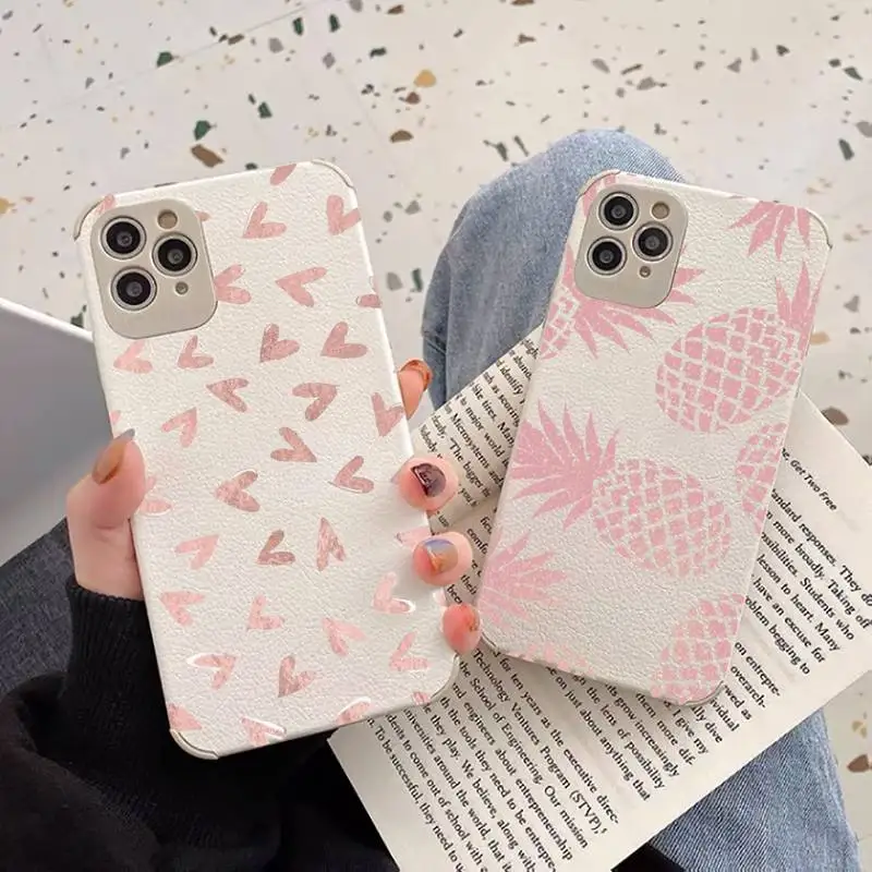 

Bling love heart pink fruit Phone Case Lambskin Leather For iphone 12 11 8 7 6 XR X XS PLUS MINI PLUS PRO MAX Shockproof shell