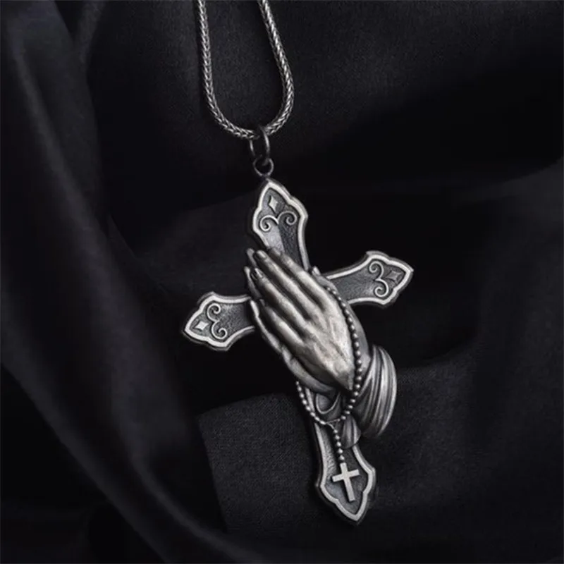 

Retro Jesus Praying Hands Cross Necklace Religious Style Vintage Ancient Silver Faith Men's Pendant Jewerly For Boy Friend