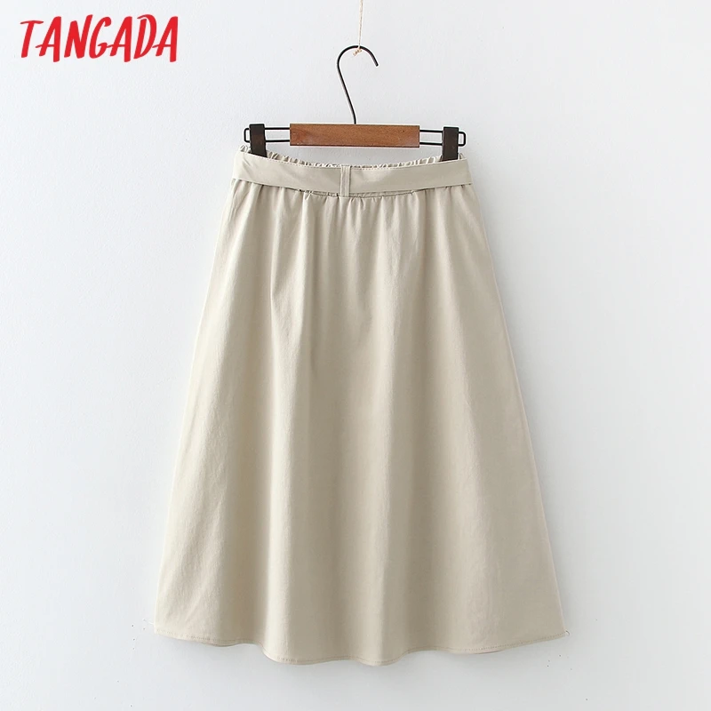

Tangada Women Solid Midi Skirt With Belt Vintage Strethy Waist Spring Ladies Elegant Chic Mid Calf Skirts 5N03