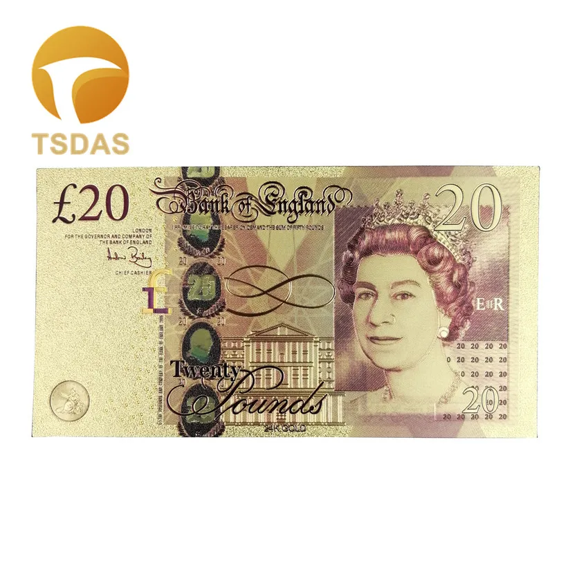 Великобритания 20 фунт Красочные Золотые Фольга банкноты двойной дизайн 24k