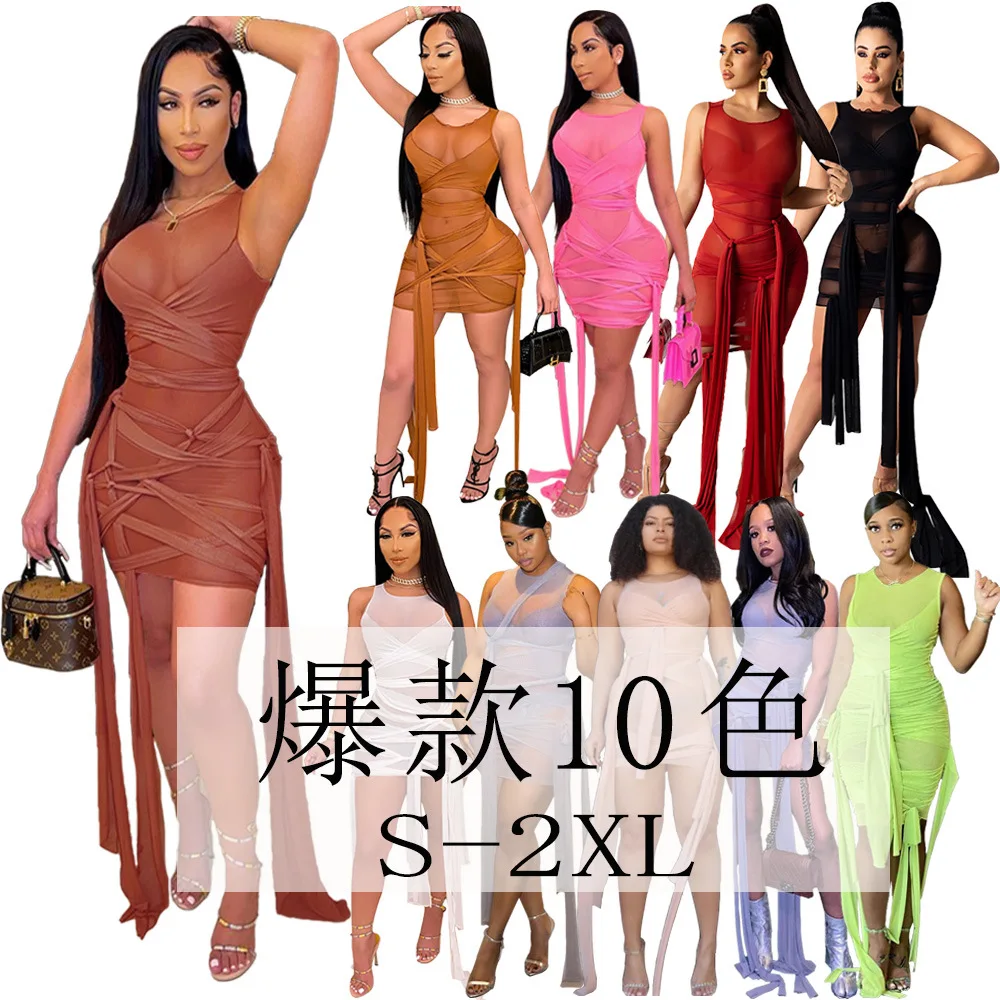 

European and American women's lace-up nightclub sexy see-through mesh dress summer