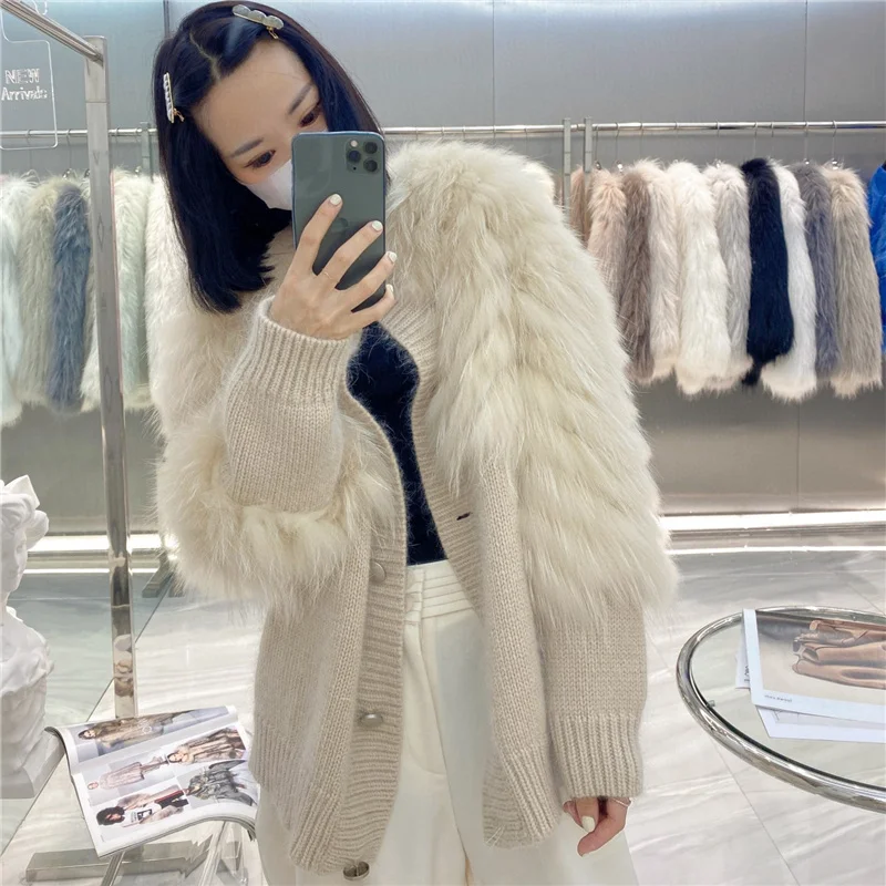 New Winter Women Fashion Short Casual Real Raccoon Fur Knit Jacket Coat Overcoat enlarge