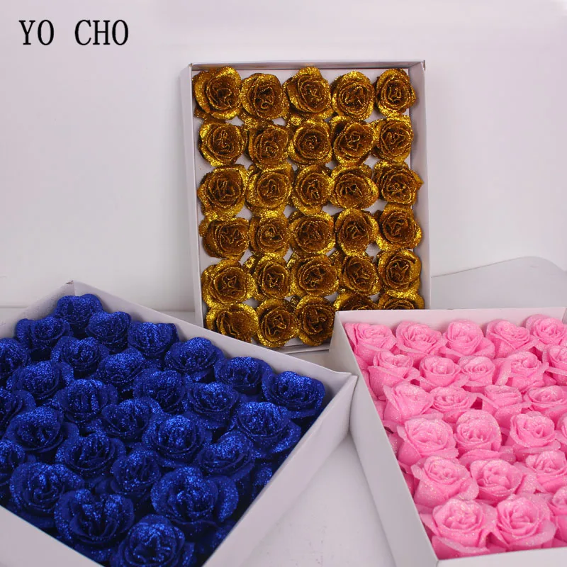 

YO CHO 1 Box Crystal Rose Glitter Flower Head Artificial Silk Blue Rose 7 cm Flower Head DIY Home Wedding Decor Valentines Gift