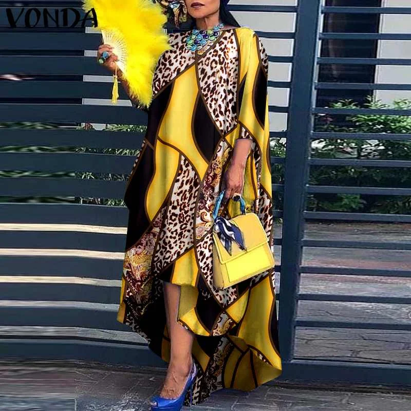 

VONDA Oversized Women Maxi Dress 2022 Autumn Pleated Baggy Long Dress O Neck Printed Asymmetric Hem Loose Elegant Party Sundress