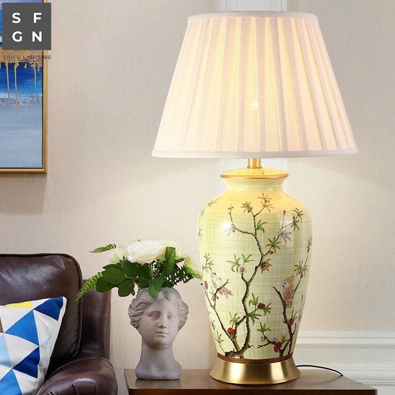 

Copper Table Lamp Modern Chinese Style for Living Room Jingdezhen Ceramic Lamp Luxury Bedroom Bedside Decorated LED Lamp