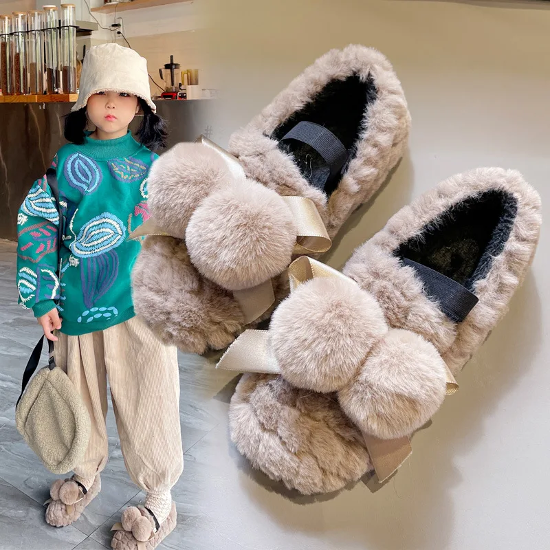 

Зима 2021, детская обувь для маленьких девочек с меховыми шариками и бантом, плюшевая теплая обувь принцессы для маленьких девочек, обувь для ...