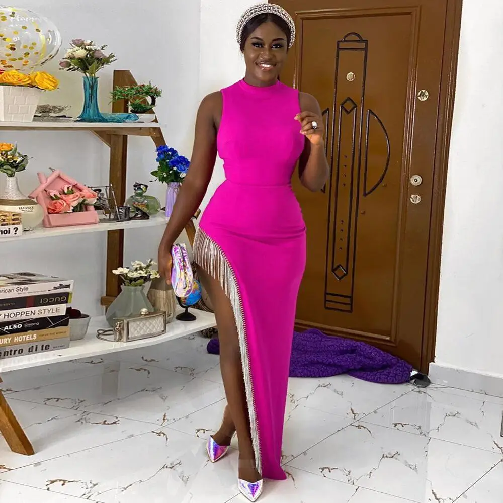 

Babatique Sexy Sleeveless Tassel Diamonds Hot Pink Long Bodycon Bandage Dress 2021 Elegant Evening Party Dress Vestidos