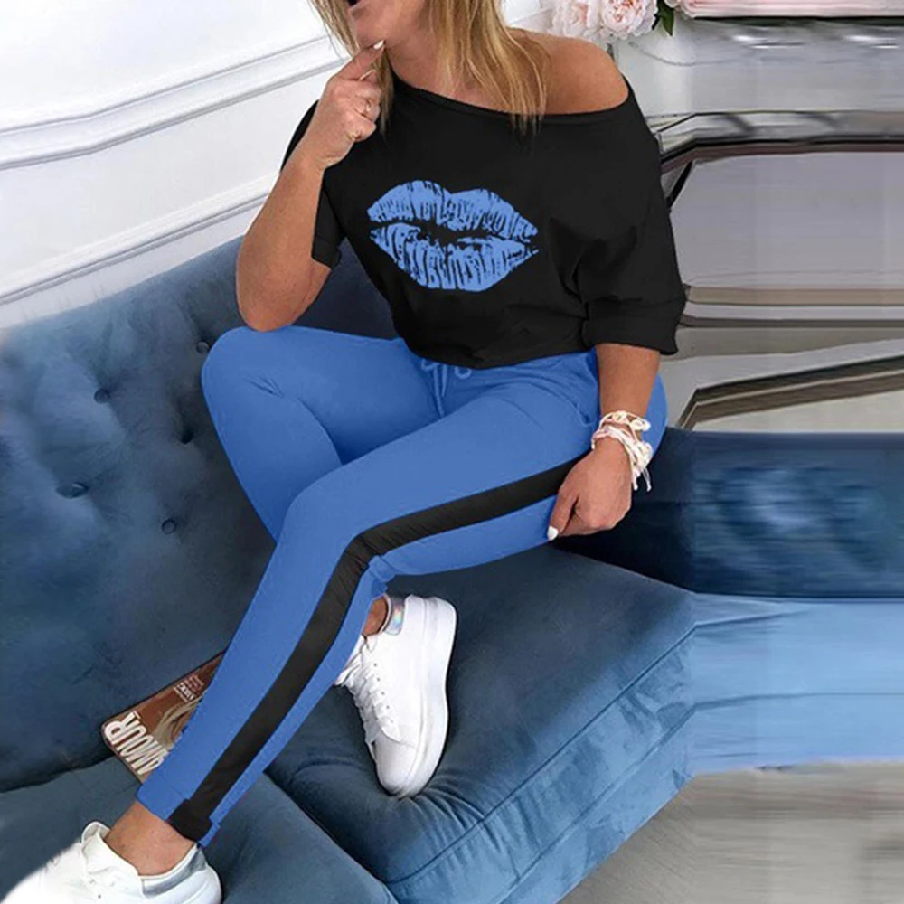 

Two Piece Set Tracksuit Women Boat Anchor Print Plus Size 2 Piece Set Top And Pants Femme Clothes Elastic Waist Long Pants Set