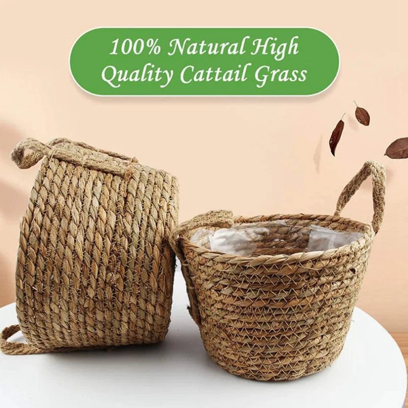 

3PCS Straw Woven Flowerpot Basket with Handle Potted Storage Basket Flower and Plant Tabletop Pot Plant Basket