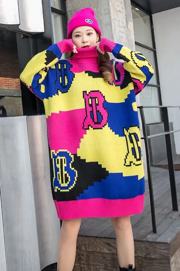 

QING MO Yellow Green Women Knitted Sweater Dress Women Patchwork Color Sweater Female Letter Printed Sweater ZQY6223