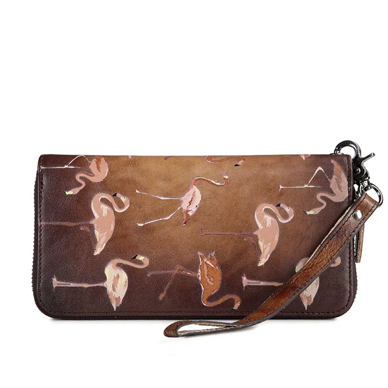 Длинный клатч из натуральной кожи удобная сумочка на молнии с принтом фламинго