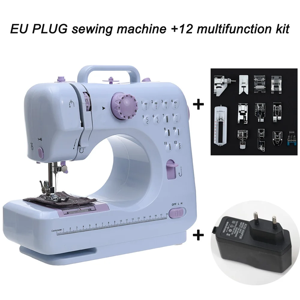 EU with 12 kit Fanghua мини 12 стежков Швейные машины бытовые многофункциональные Двойная резьба и скорость свободная рука крафтинг машина для починки светодиодный - Цвет: EU with 12 kit