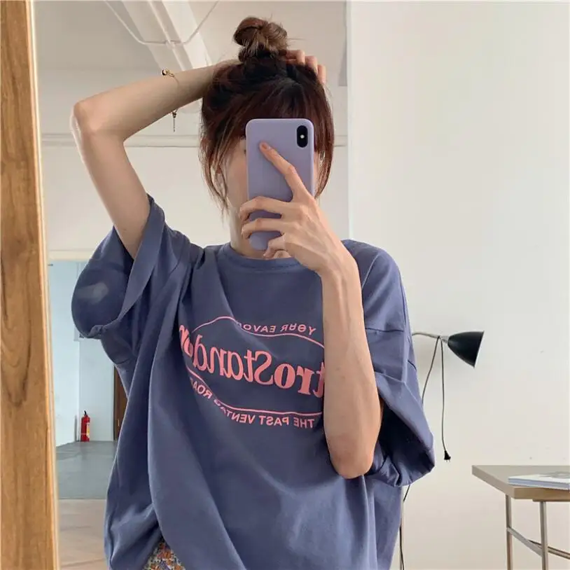 

2021 Summer Korean Mid-length Loose Women's T-shirt Casual Women's Letter Printing Student Tops Fashion Tees